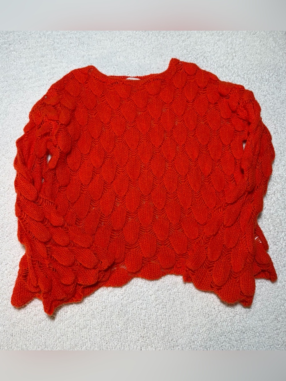Adora Orange Textured Knit Sweater Scalloped Hem Boho Top
